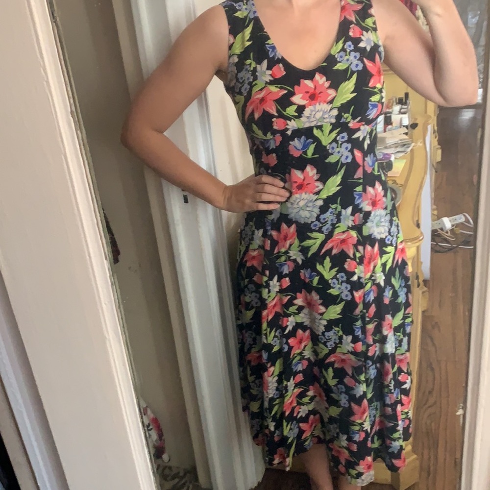 VINTAGE BETSEY JOHNSON RAYON FLORAL MIDI DRESS 90s y2k GRUNGE PUNK PINUP RARE S